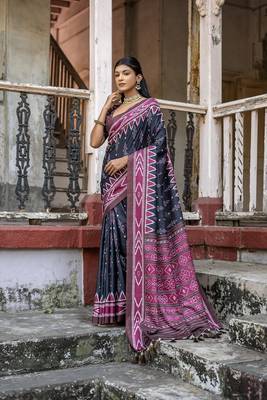 Soft Tussar Silk Saree With Temple Border And Unique Ikkat Printed Contrast Pallu And Contrast Blouse Piece 2