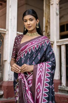 Soft Tussar Silk Saree With Temple Border And Unique Ikkat Printed Contrast Pallu And Contrast Blouse Piece 3