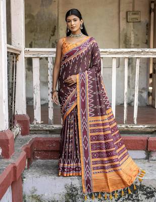 Soft Tussar Silk Saree With Temple Border And Unique Ikkat Printed Contrast Pallu And Contrast Blouse Piece 1