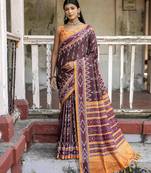 Soft Tussar Silk Saree With Temple Border And Unique Ikkat Printed Contrast Pallu And Contrast Blouse Piece