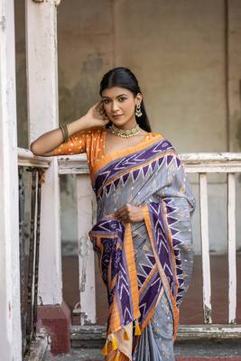 Soft Tussar Silk Saree With Temple Border And Unique Ikkat Printed Contrast Pallu And Contrast Blouse Piece 3