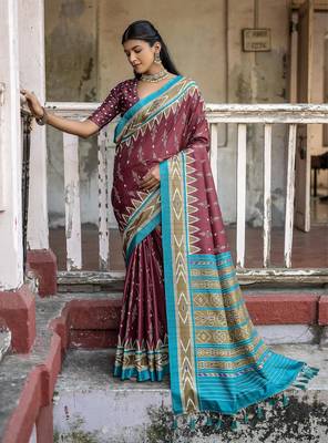 Soft Tussar Silk Saree With Temple Border And Unique Ikkat Printed Contrast Pallu And Contrast Blouse Piece 1