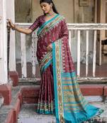 Soft Tussar Silk Saree With Temple Border And Unique Ikkat Printed Contrast Pallu And Contrast Blouse Piece