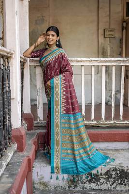 Soft Tussar Silk Saree With Temple Border And Unique Ikkat Printed Contrast Pallu And Contrast Blouse Piece 2