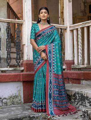 Soft Tussar Silk Saree With Temple Border And Unique Ikkat Printed Contrast Pallu And Contrast Blouse Piece 1