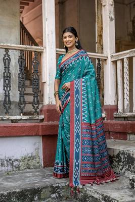 Soft Tussar Silk Saree With Temple Border And Unique Ikkat Printed Contrast Pallu And Contrast Blouse Piece 2