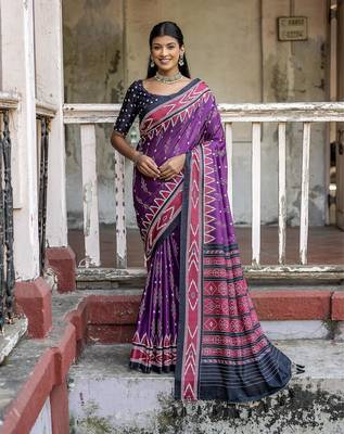 Soft Tussar Silk Saree With Temple Border And Unique Ikkat Printed Contrast Pallu And Contrast Blouse Piece 1