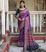 Soft Tussar Silk Saree With Temple Border And Unique Ikkat Printed Contrast Pallu And Contrast Blouse Piece