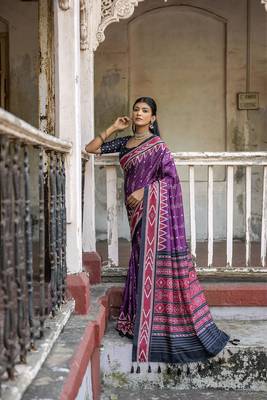 Soft Tussar Silk Saree With Temple Border And Unique Ikkat Printed Contrast Pallu And Contrast Blouse Piece 2