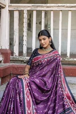 Soft Tussar Silk Saree With Temple Border And Unique Ikkat Printed Contrast Pallu And Contrast Blouse Piece 3