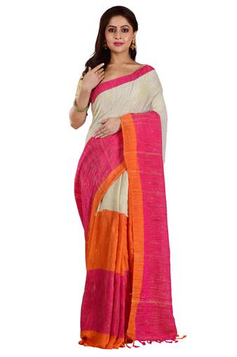 Aishani Collection Woven Jute Silk Banana Cotton Ketia Handloom Saree with bp (Multicolor, Beige) 