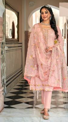 Pink floral embroidered georgette semi-stitched straight suit 1