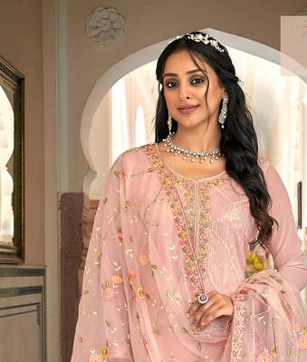 Pink floral embroidered georgette semi-stitched straight suit 2