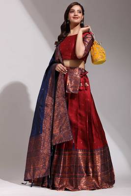 Premium Woven with Zari Work Semi-Stitched Half Saree with Unstitched Blouse with Dupatta 1