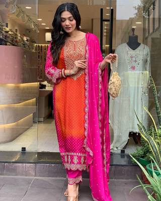 Designer pure chinnon silk heavy wedding wear suit set 1