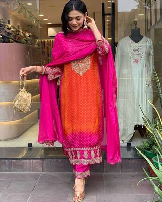 Designer pure chinnon silk heavy wedding wear suit set 4