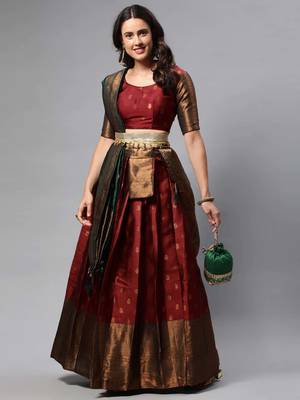 Premium Woven with Zari Work Semi-Stitched Half Saree with Unstitched Blouse with Dupatta 1