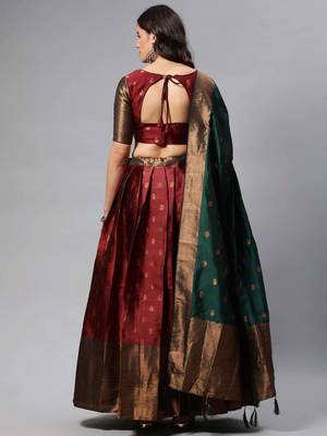 Premium Woven with Zari Work Semi-Stitched Half Saree with Unstitched Blouse with Dupatta 2