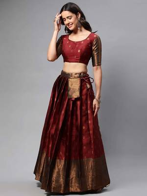 Premium Woven with Zari Work Semi-Stitched Half Saree with Unstitched Blouse with Dupatta 3