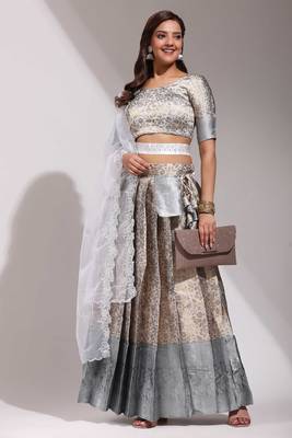 Premium Woven with Zari Work Semi-Stitched Zari Work lehenga with Unstitched Blouse and  Net Dupatta 1