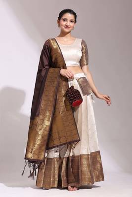 Premium Woven with Zari Work Semi-Stitched Zari Work Half Saree with Unstitched Blouse with Embroidery Rangoli Dupatta 1