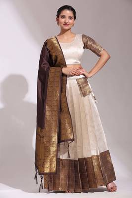 Premium Woven with Zari Work Semi-Stitched Zari Work Half Saree with Unstitched Blouse with Embroidery Rangoli Dupatta 3