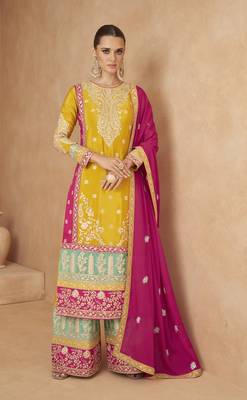 Yellow embroidered chinon semi-salwar suit 1