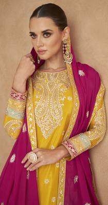 Yellow embroidered chinon semi-salwar suit 3