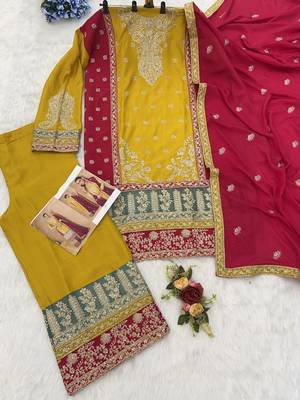Yellow embroidered chinon semi-salwar suit 4