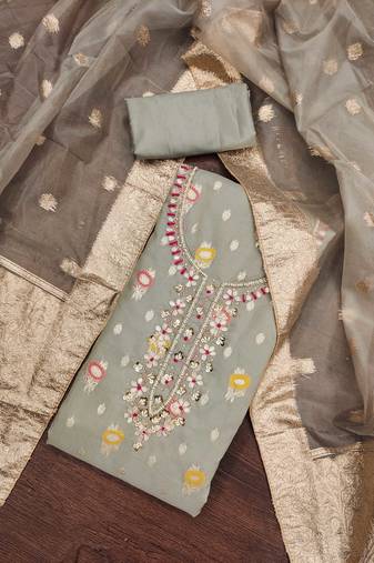 Grey Viscose Organza Banarasi Unstitched Dress Material
