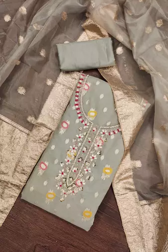 Grey Viscose Organza Banarasi Unstitched Dress Material