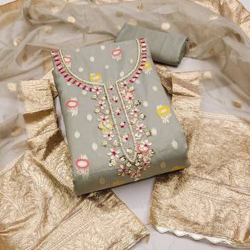 Grey Viscose Organza Banarasi Unstitched Dress Material 2