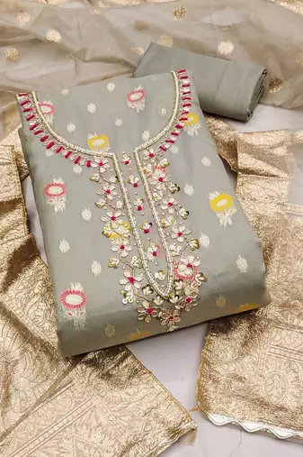 Grey Viscose Organza Banarasi Unstitched Dress Material