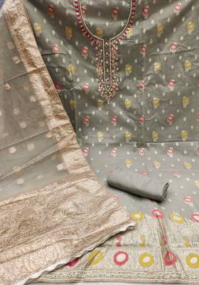 Grey Viscose Organza Banarasi Unstitched Dress Material 3