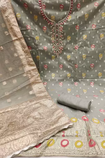 Grey Viscose Organza Banarasi Unstitched Dress Material