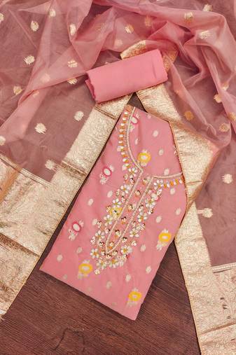 Peach Viscose Organza Banarasi Unstitched Dress Material