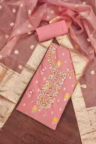 Peach Viscose Organza Banarasi Unstitched Dress Material