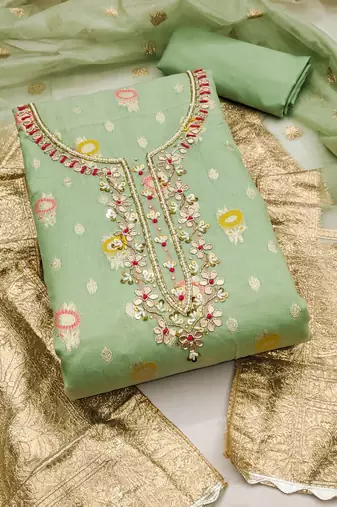 Pista Viscose Organza Banarasi Unstitched Dress Material