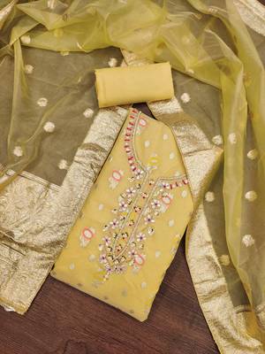 Yellow Viscose Organza Banarasi Unstitched Dress Material 1