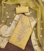 Yellow Viscose Organza Banarasi Unstitched Dress Material
