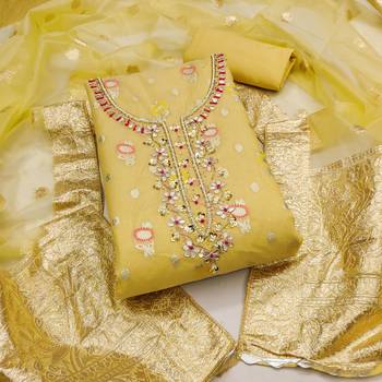 Yellow Viscose Organza Banarasi Unstitched Dress Material 2