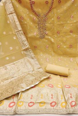 Yellow Viscose Organza Banarasi Unstitched Dress Material 3