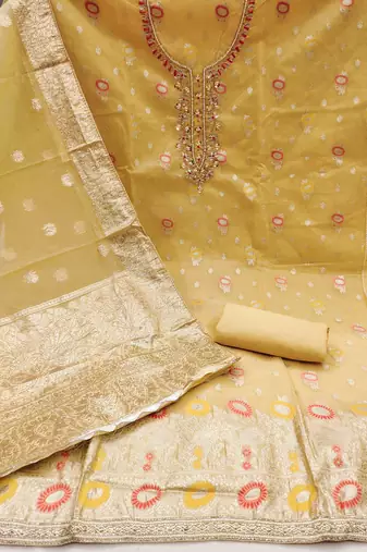 Yellow Viscose Organza Banarasi Unstitched Dress Material