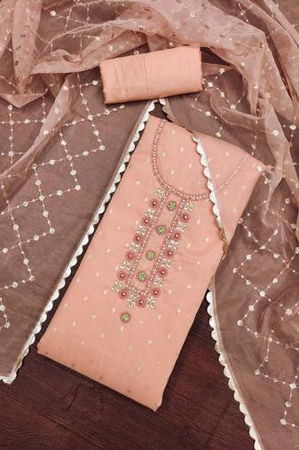 Peach Viscose Organza Banarasi Unstitched Dress Material
