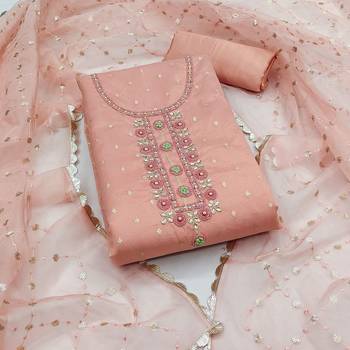 Peach Viscose Organza Banarasi Unstitched Dress Material 2