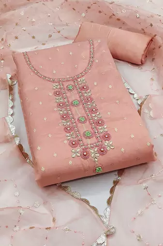 Peach Viscose Organza Banarasi Unstitched Dress Material