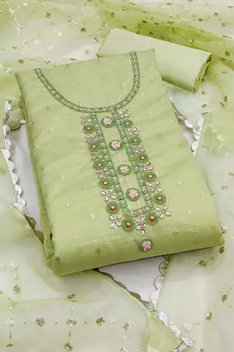 Pista Viscose Organza Banarasi Unstitched Dress Material