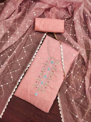 Pink Viscose Organza Banarasi Unstitched Dress Material 1