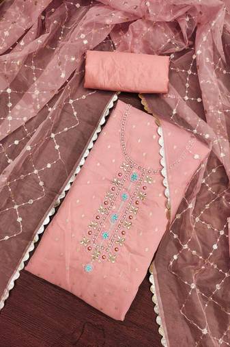Pink Viscose Organza Banarasi Unstitched Dress Material