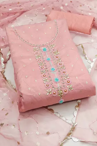 Pink Viscose Organza Banarasi Unstitched Dress Material